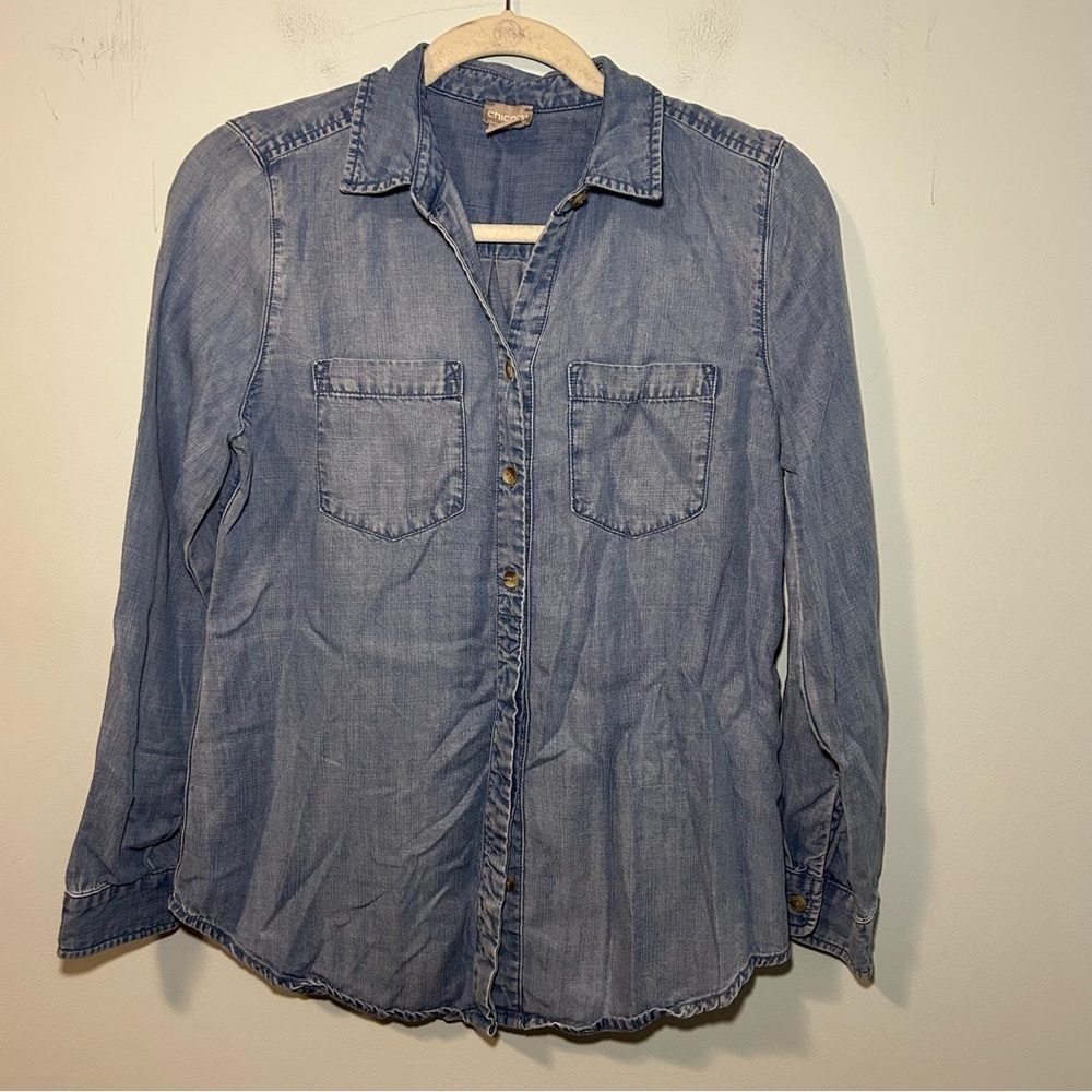 Chico’s Blue Denim Button Up Long Sleeve Top Size 4